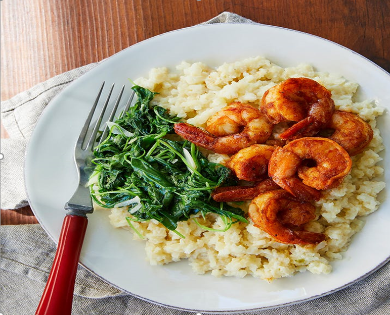 KETO DINNER IDEAS; SHRIMP WITH GRITS AND ARUGULA