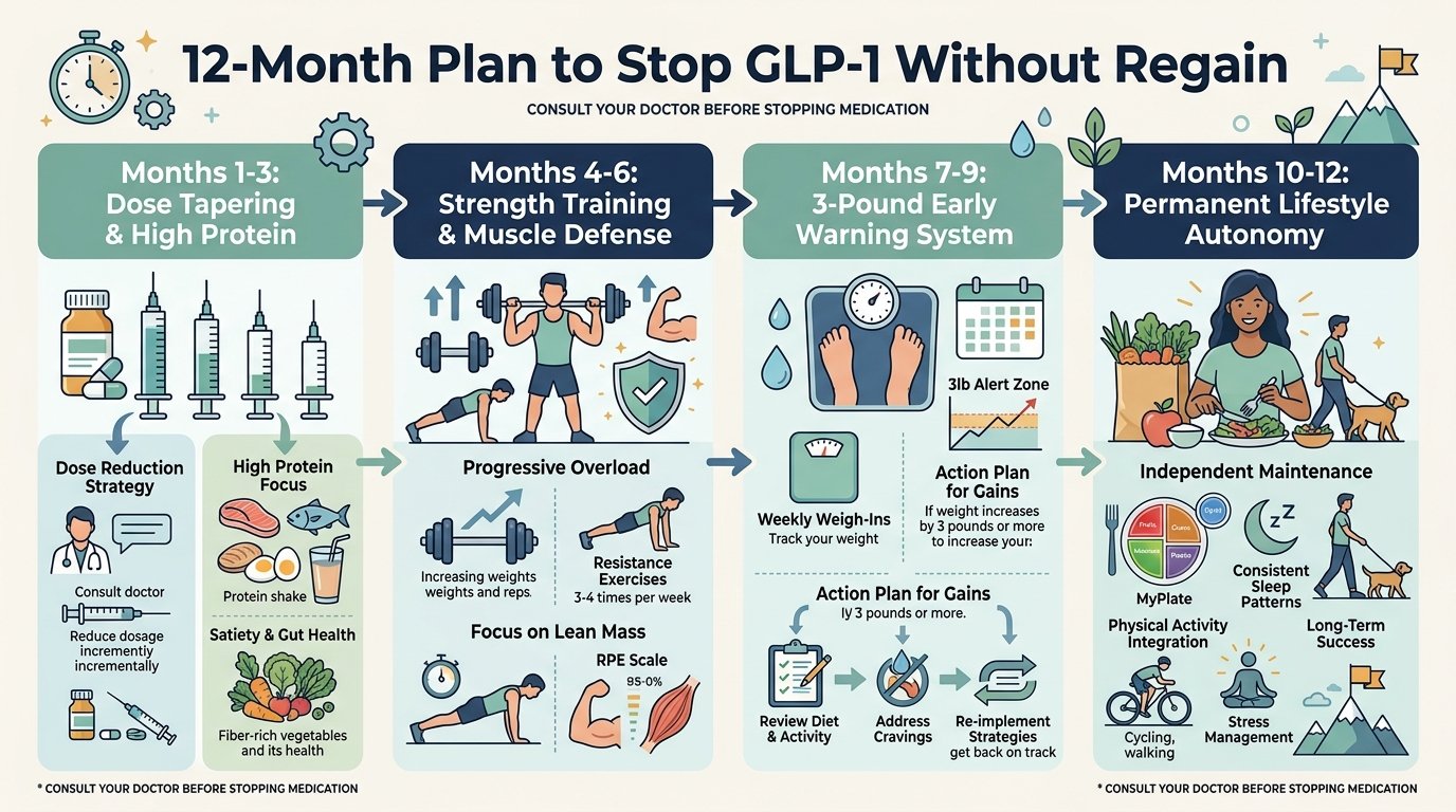 Educational flowchart infographic outlining 12-month transition plan from GLP-1 medications including dose tapering, resistance training, and the 3-pound early warning rule