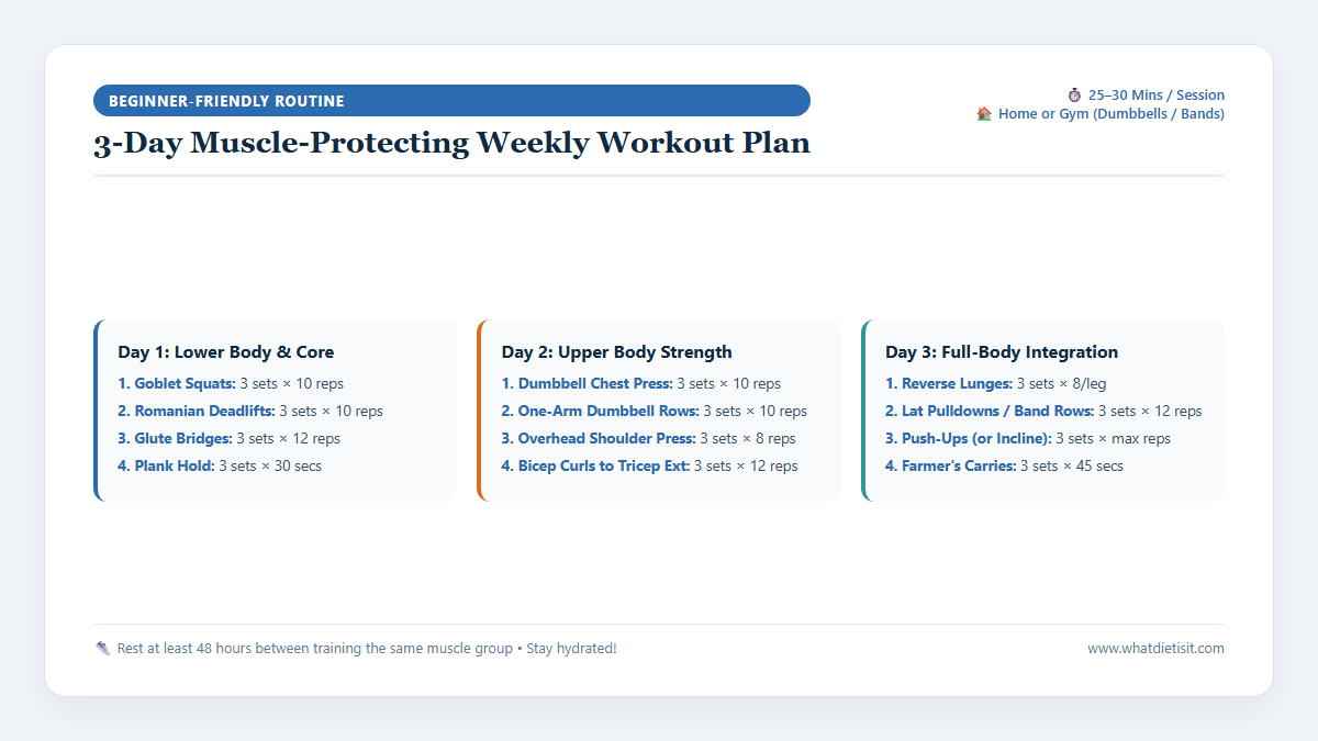 Beginner-friendly 3-day weekly resistance training schedule with compound movements for muscle preservation