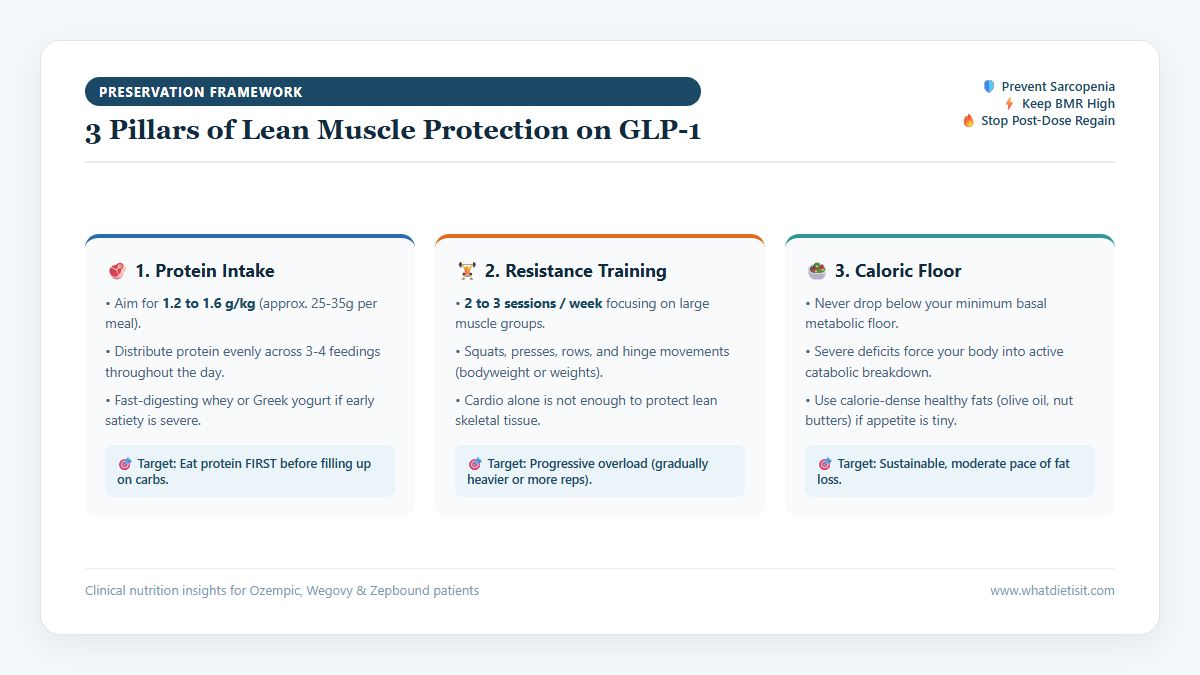 Infographic illustrating the 3 pillars of muscle protection on GLP-1: daily protein intake 1.2-1.6g/kg, resistance training 2-3x weekly, and maintaining a healthy caloric floor