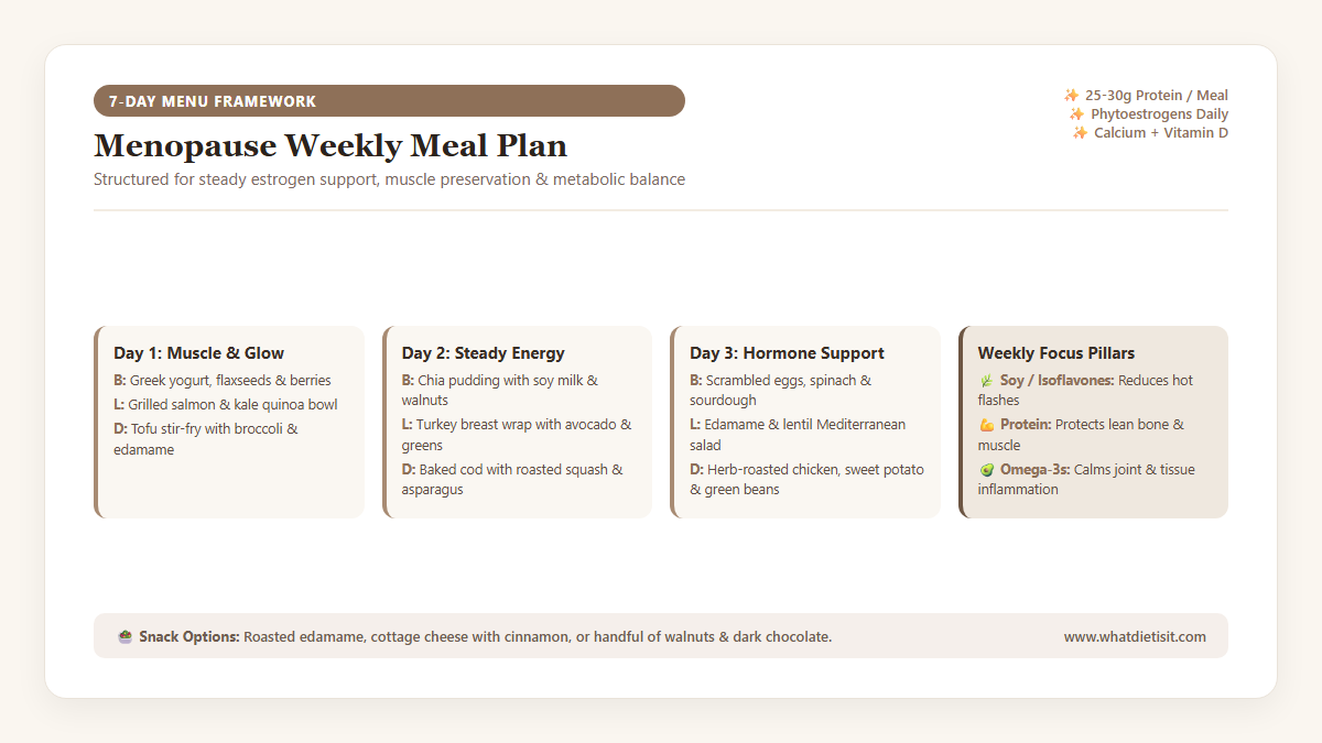 Visual 7-day menopause meal plan menu framework for hot flash relief, energy balance, and belly fat support