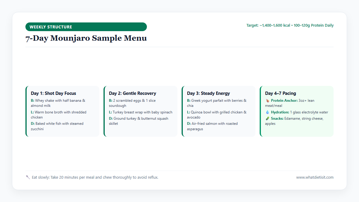 Visual 7-day Mounjaro sample menu showing daily protein-first breakfasts, lunches, dinners, and gentle snacks