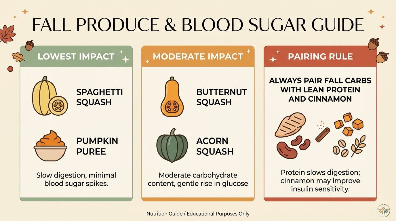Fall Produce and Blood Sugar Guide Infographic ranking pumpkin, acorn squash, butternut squash, and protein pairing rules