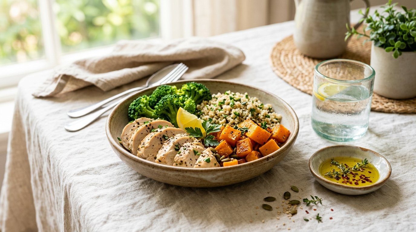 Balanced GLP-1 meal plate with chicken breast, steamed broccoli florets, quinoa, and roasted butternut squash