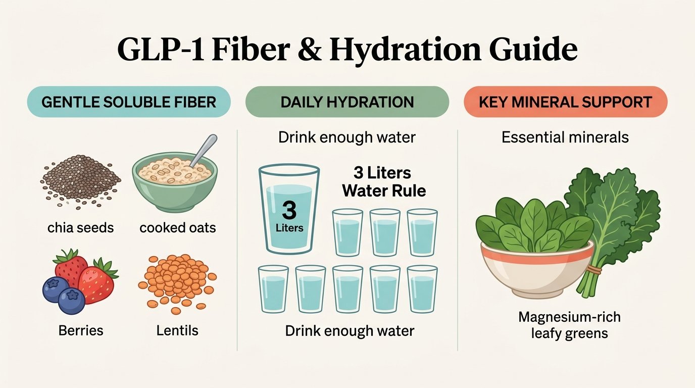 GLP-1 Fiber and Hydration Guide Infographic showing gentle soluble fiber sources, daily 3-liter water rule, and magnesium support