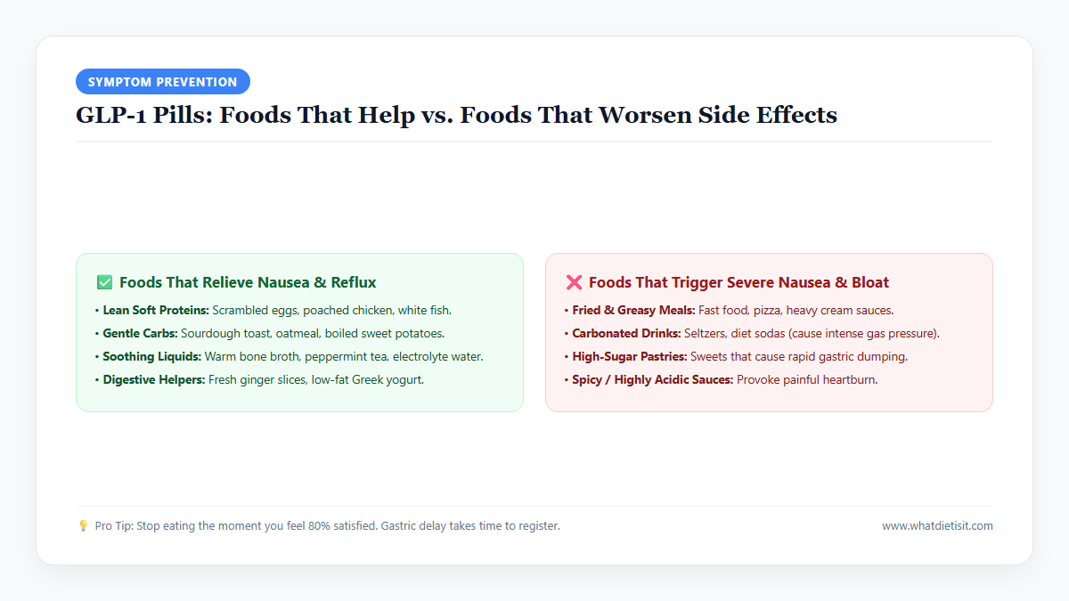 Visual breakdown of soothing lean proteins and carbs that prevent nausea versus fried and sugary trigger foods