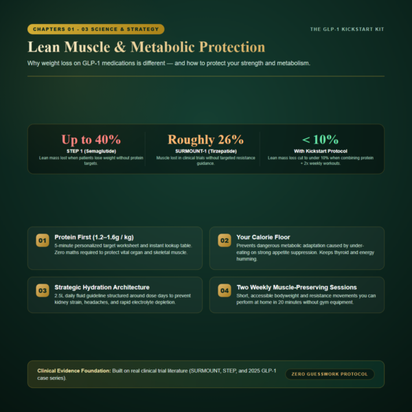 The GLP-1 Kickstart Kit - Muscle Preservation Protocol The GLP-1 Kickstart Kit: Lean Muscle Preservation Protocol with STEP 1 and SURMOUNT clinical trial data and daily protein targets