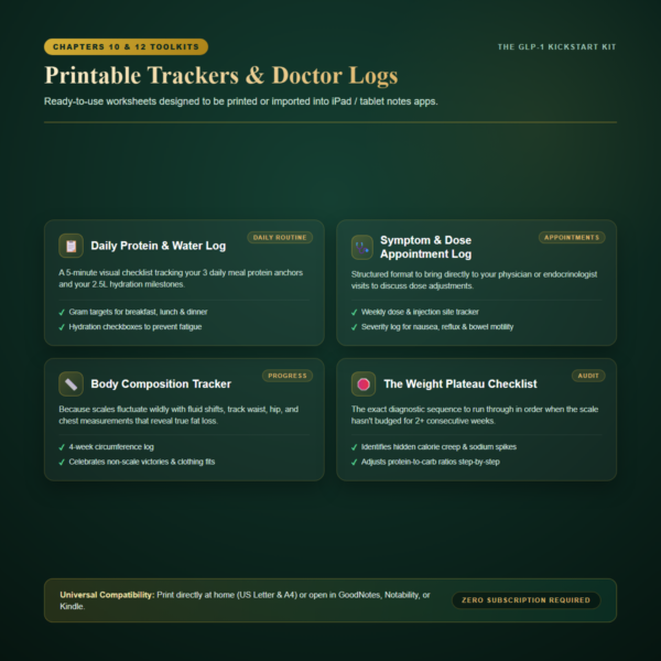 The GLP-1 Kickstart Kit - Printable Trackers & Doctor Logs The GLP-1 Kickstart Kit: 4 Printable Worksheets for daily protein, water, symptom doctor logs, body measurements, and plateau checklist