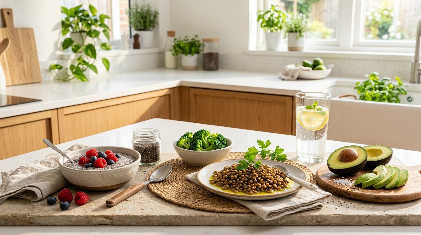 High-fiber foods including chia seeds, raspberries, avocado, lentils, and water for GLP-1 constipation relief