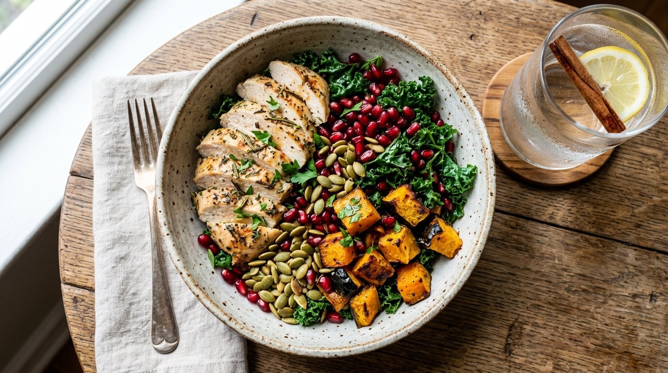High-protein fall harvest bowl with sliced herb grilled chicken breast, roasted squash, massaged kale, and toasted pumpkin seeds