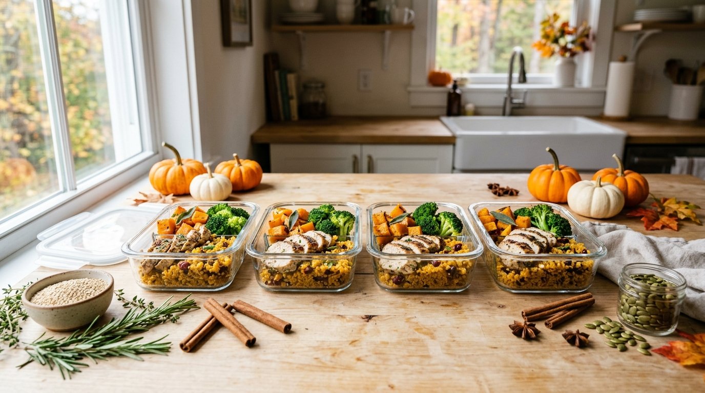 Glass meal prep containers filled with high-protein fall meals including turkey breast, roasted squash, and quinoa