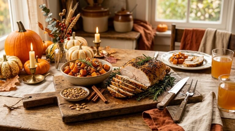 High-protein fall meal spread with roasted turkey breast, butternut squash cubes, pumpkin seeds, and cinnamon sticks
