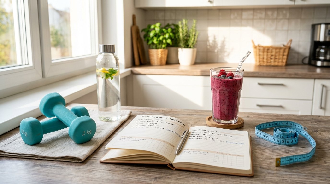 Daily wellness planner, lightweight dumbbells, measuring tape, and high-protein berry shake on a morning kitchen table