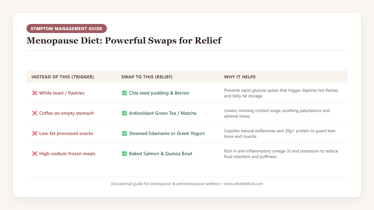 Menopause diet food swaps table highlighting alternatives for hot flash triggers, cortisol spikes, and inflammation