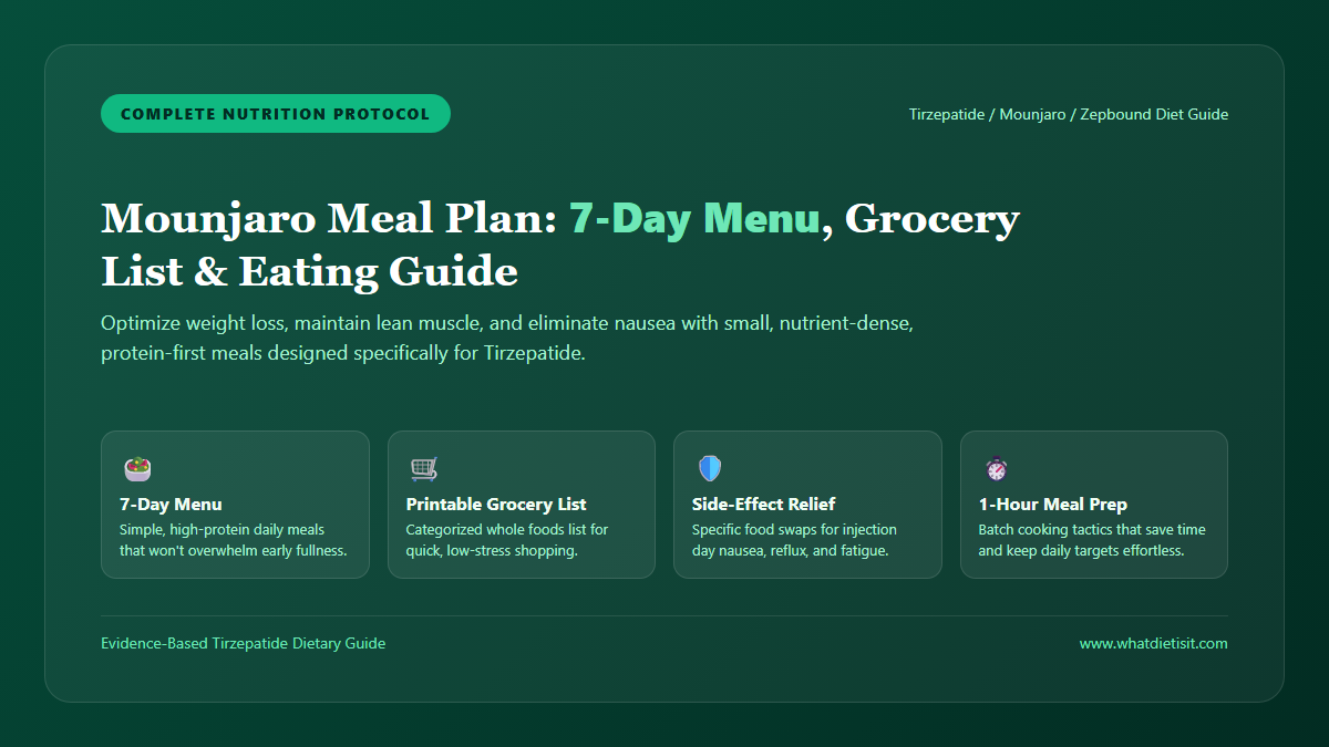 Comprehensive Mounjaro diet protocol with 7-day meal plan, printable grocery list, and side effect relief guidance