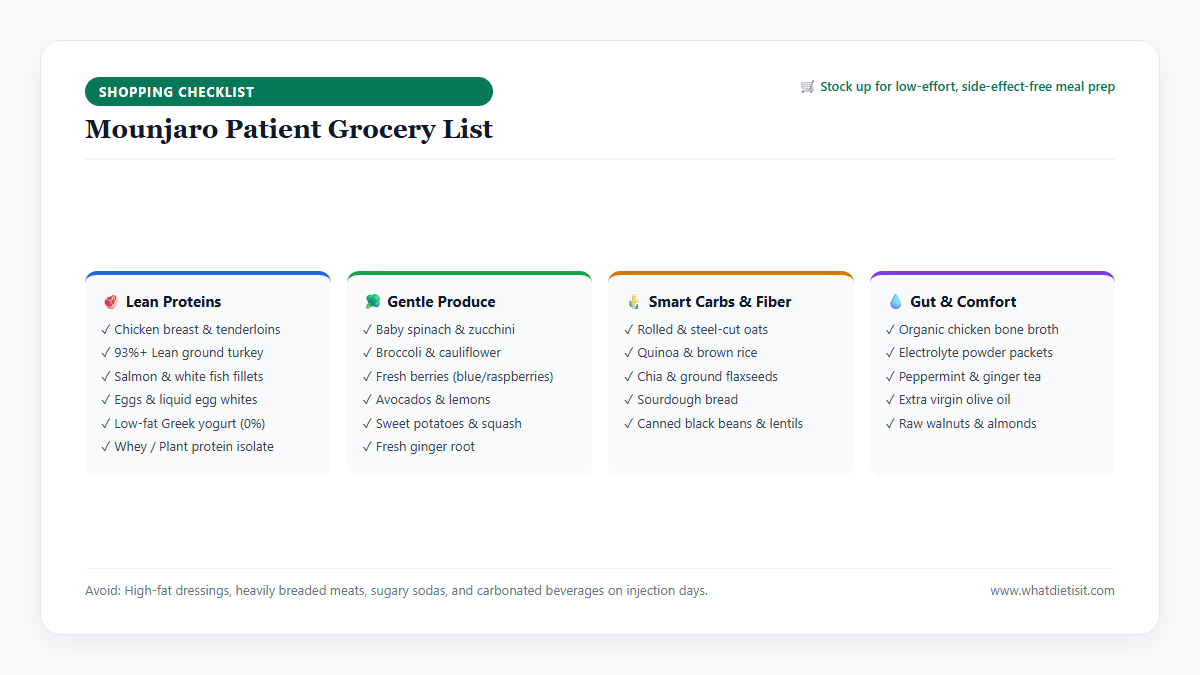 Mounjaro patient grocery list categorized into lean proteins, gentle produce, smart carbs and gut comfort essentials
