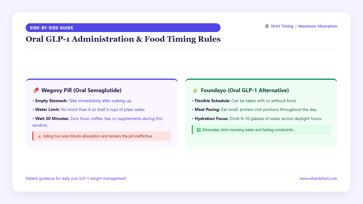 Side-by-side comparison infographic of Wegovy pill 30-minute water fasting rule vs Foundayo flexible scheduling
