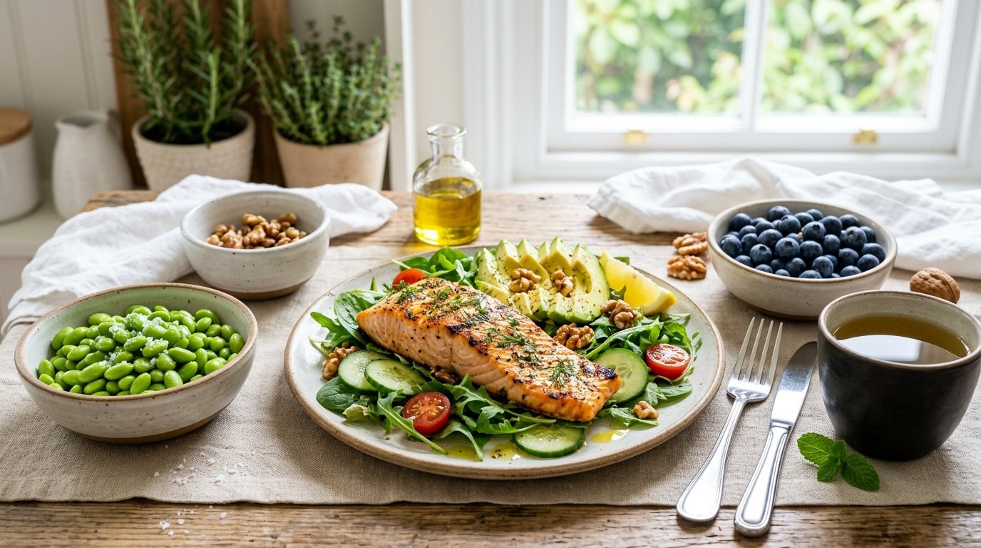 Hormone-balancing Mediterranean menopause meal spread featuring grilled salmon, edamame, blueberries, walnuts, and green tea