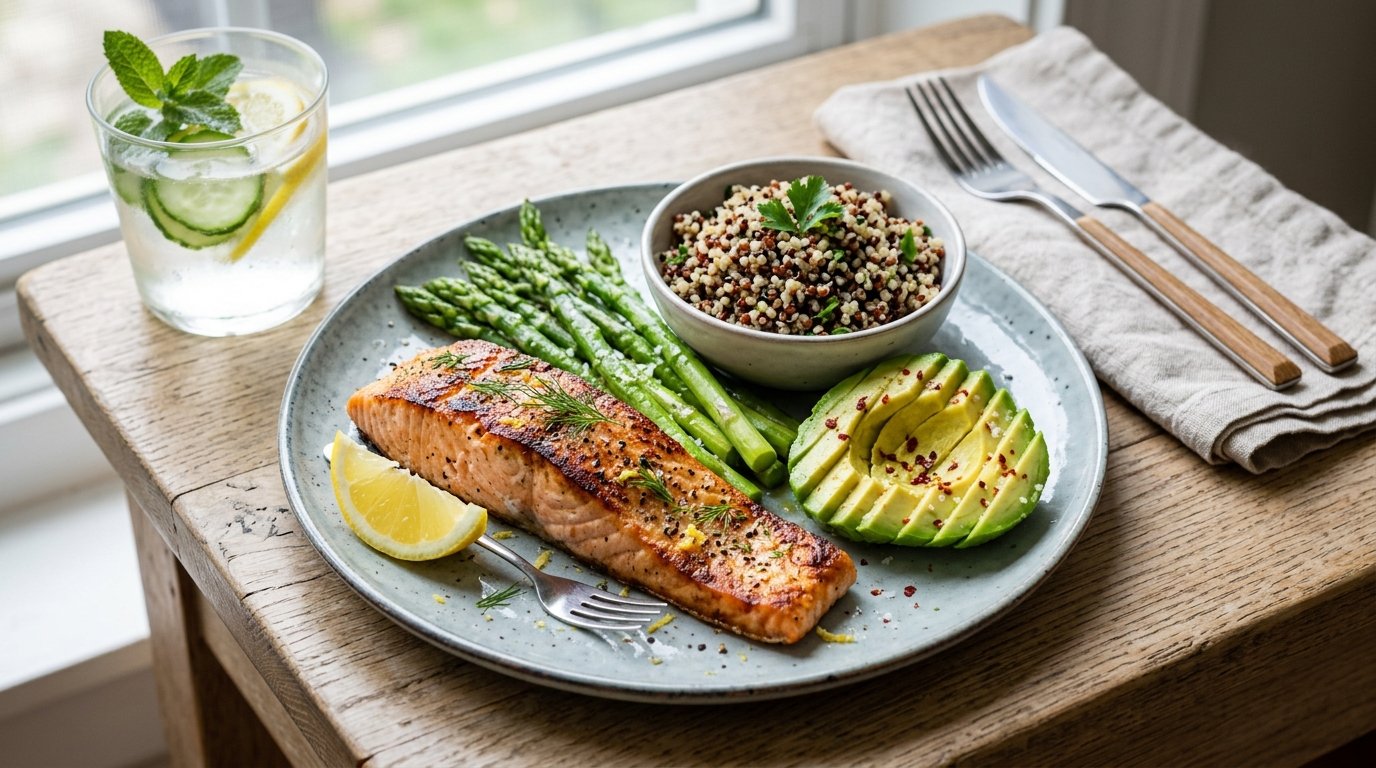Grilled wild salmon fillet with steamed asparagus, tricolor quinoa, sliced avocado, and mint lemon water