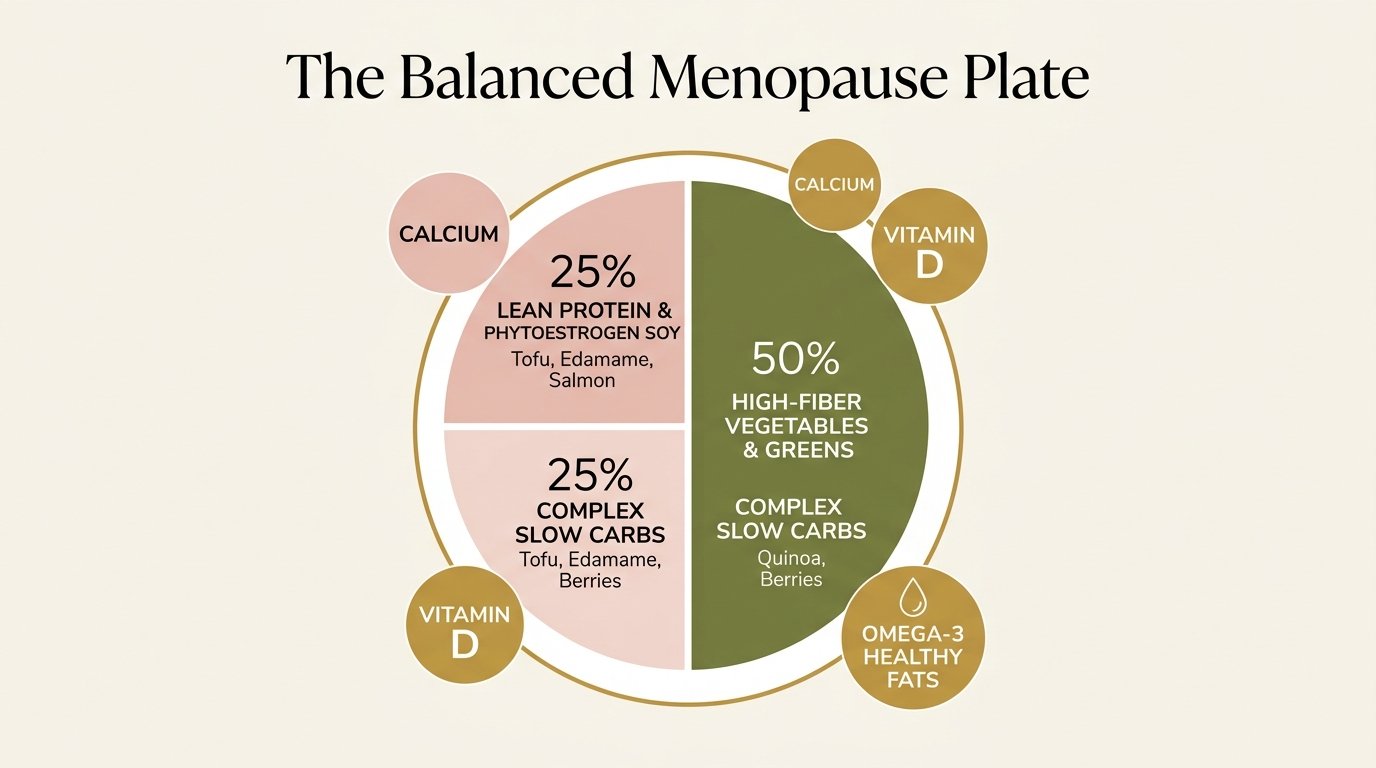 The Balanced Menopause Plate Infographic breaking down half plate fiber vegetables, quarter lean protein and soy, quarter complex carbs with calcium and omega-3s