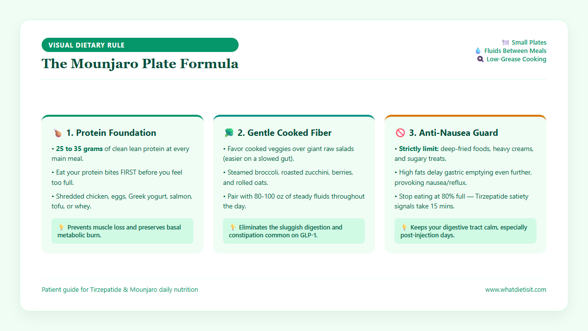 The Mounjaro Plate Formula Infographic illustrating protein foundation, gentle cooked fiber, and anti-nausea guidelines