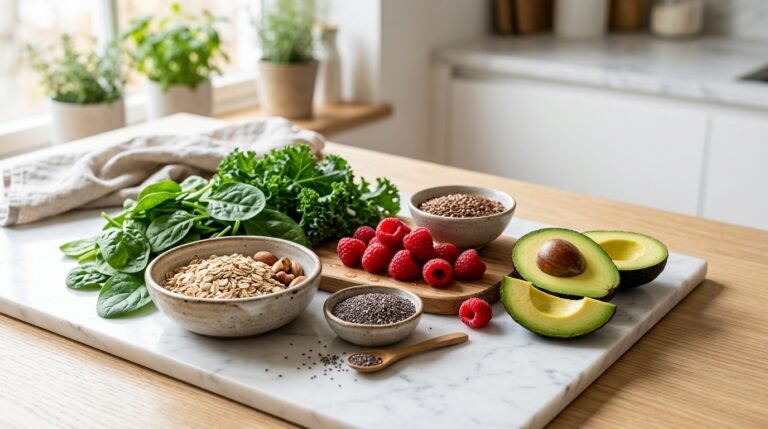 Fresh high-fiber foods including sliced ripe avocado, raspberries, chia seeds, flaxseeds, and leafy greens on marble and wood kitchen counter