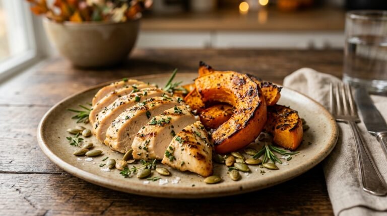 Sliced grilled chicken breast served with roasted caramelized butternut squash wedges, toasted pepitas, and fresh herbs on rustic ceramic plate