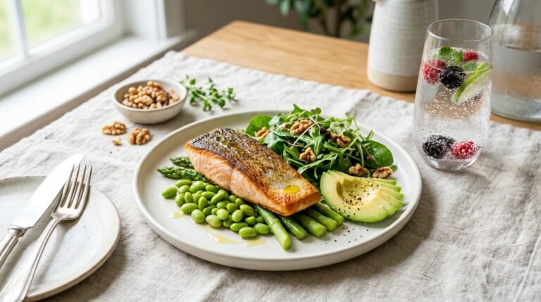 Pan-seared wild salmon fillet with edamame, steamed asparagus, sliced avocado, and walnut salad on a minimalist plate