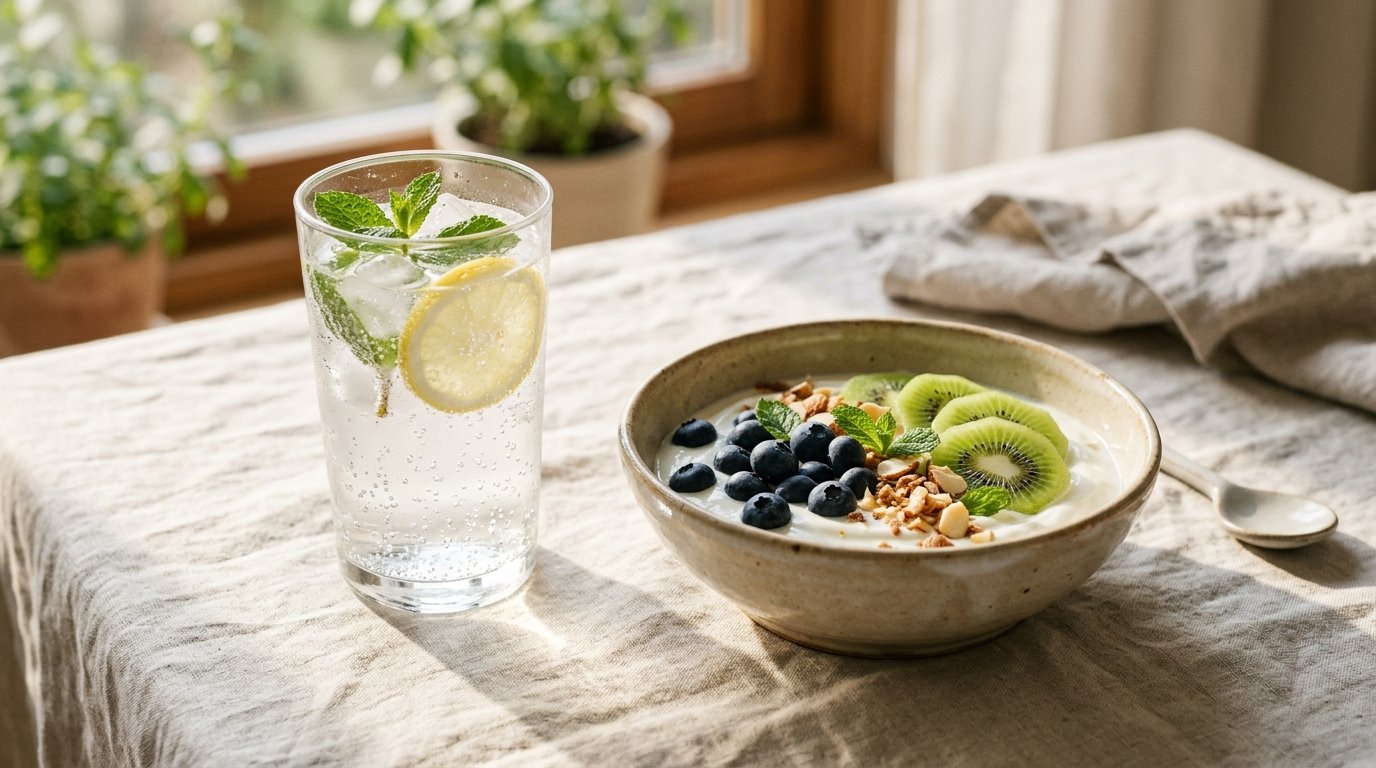 Tall glass of lemon mint sparkling water next to Greek yogurt bowl topped with blueberries, kiwi, and almonds on a sunlit linen table